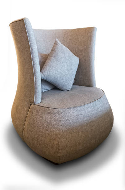 Fabric upholstered chair with pillows isolated on white, object backgrounds